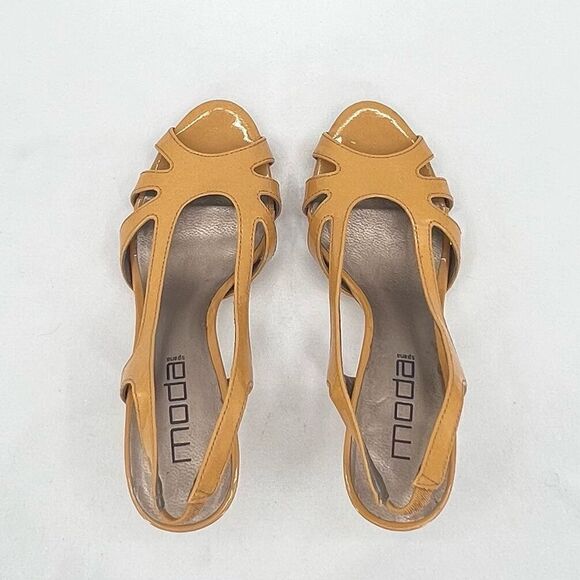 Moda Spana Golden Tan Strappy Patent Slingback Open Toe Heeled Sandals Size 7 - Picture 7 of 11